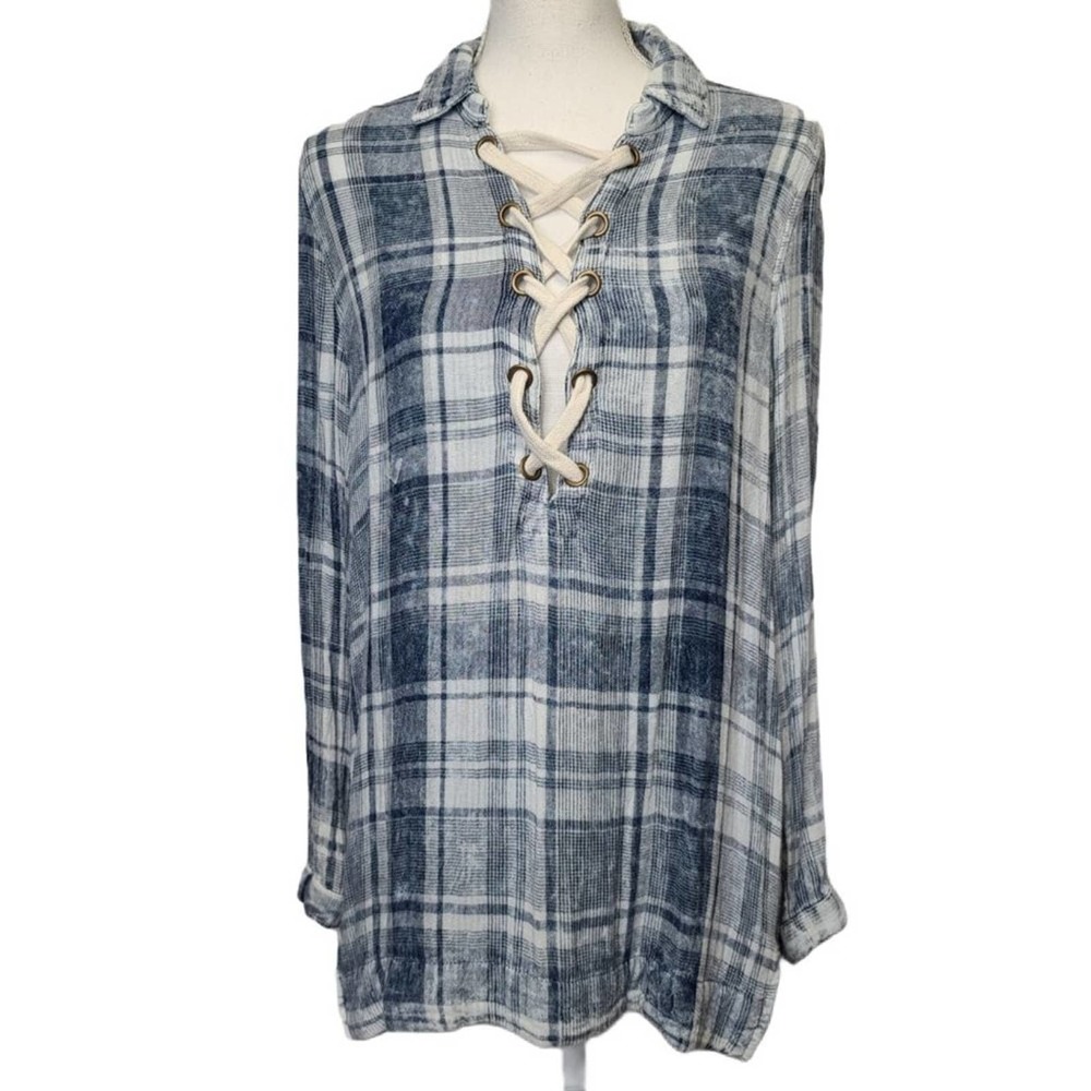 Vintage Havana Blue Plaid Lace Up Pullover L